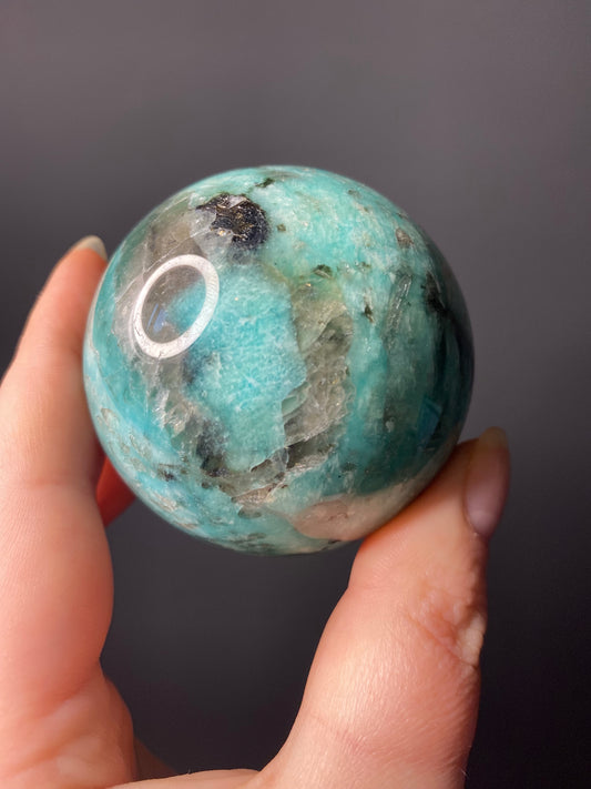 AMAZONITE WITH SMOKY QUARTZ SPHERES