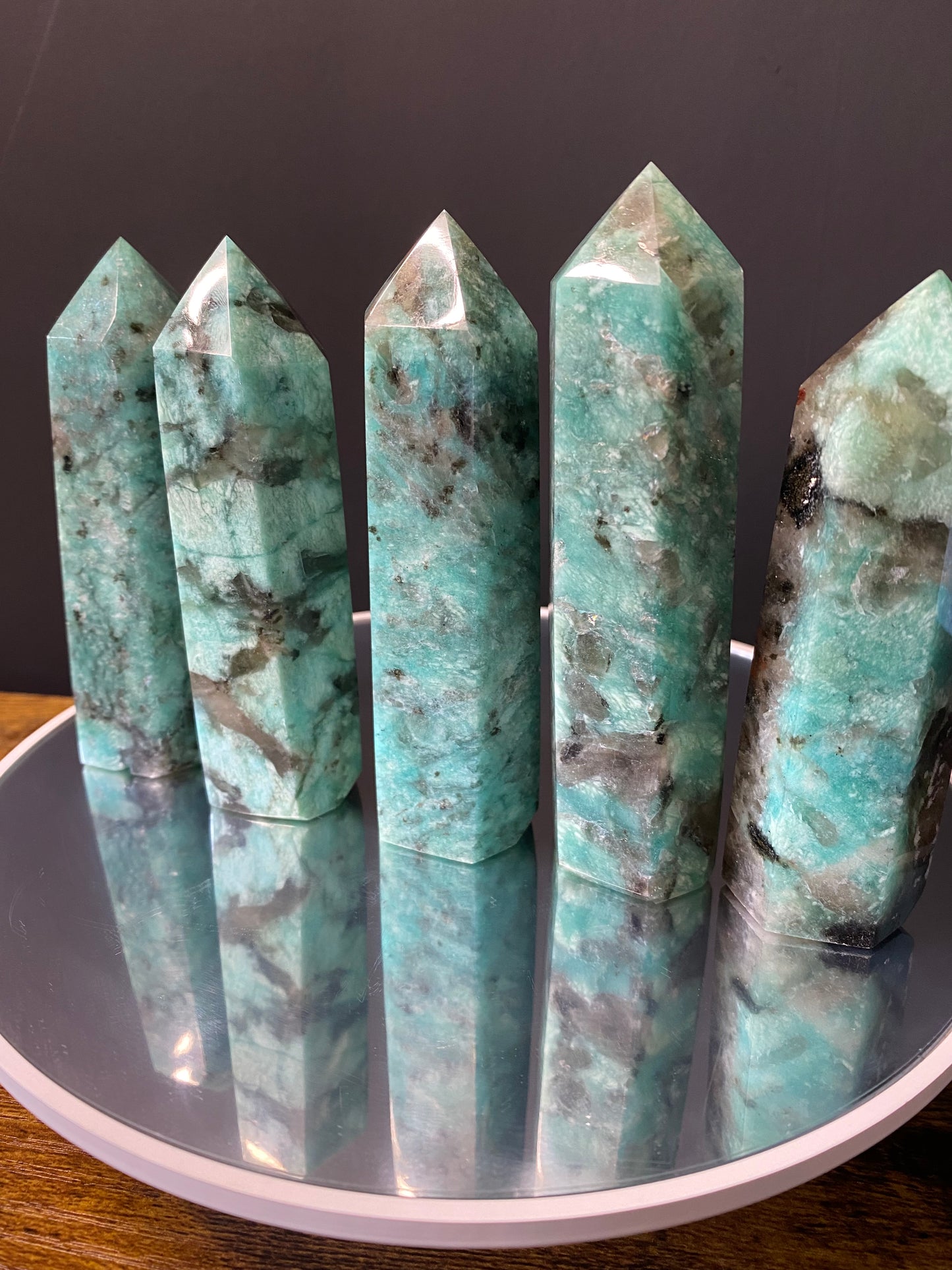 AMAZONITE WITH SMOKY QUARTZ TOWERS A - E
