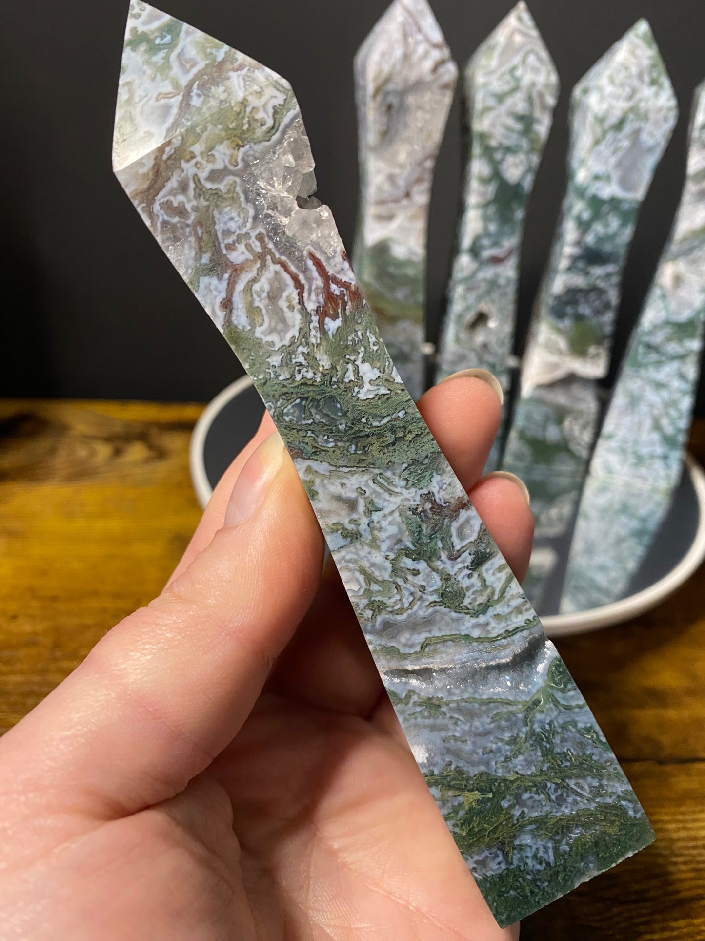 MOSS AGATE SLENDER TOWERS A - E