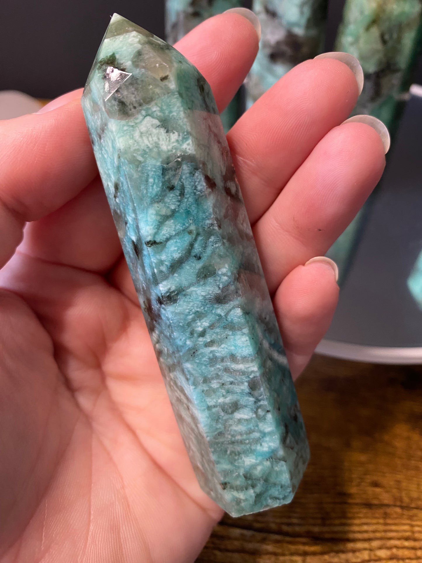 AMAZONITE WITH SMOKY QUARTZ TOWERS F - J