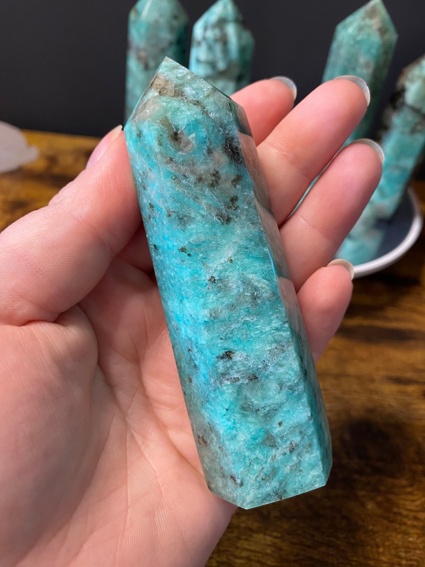 AMAZONITE WITH SMOKY QUARTZ TOWERS A - E