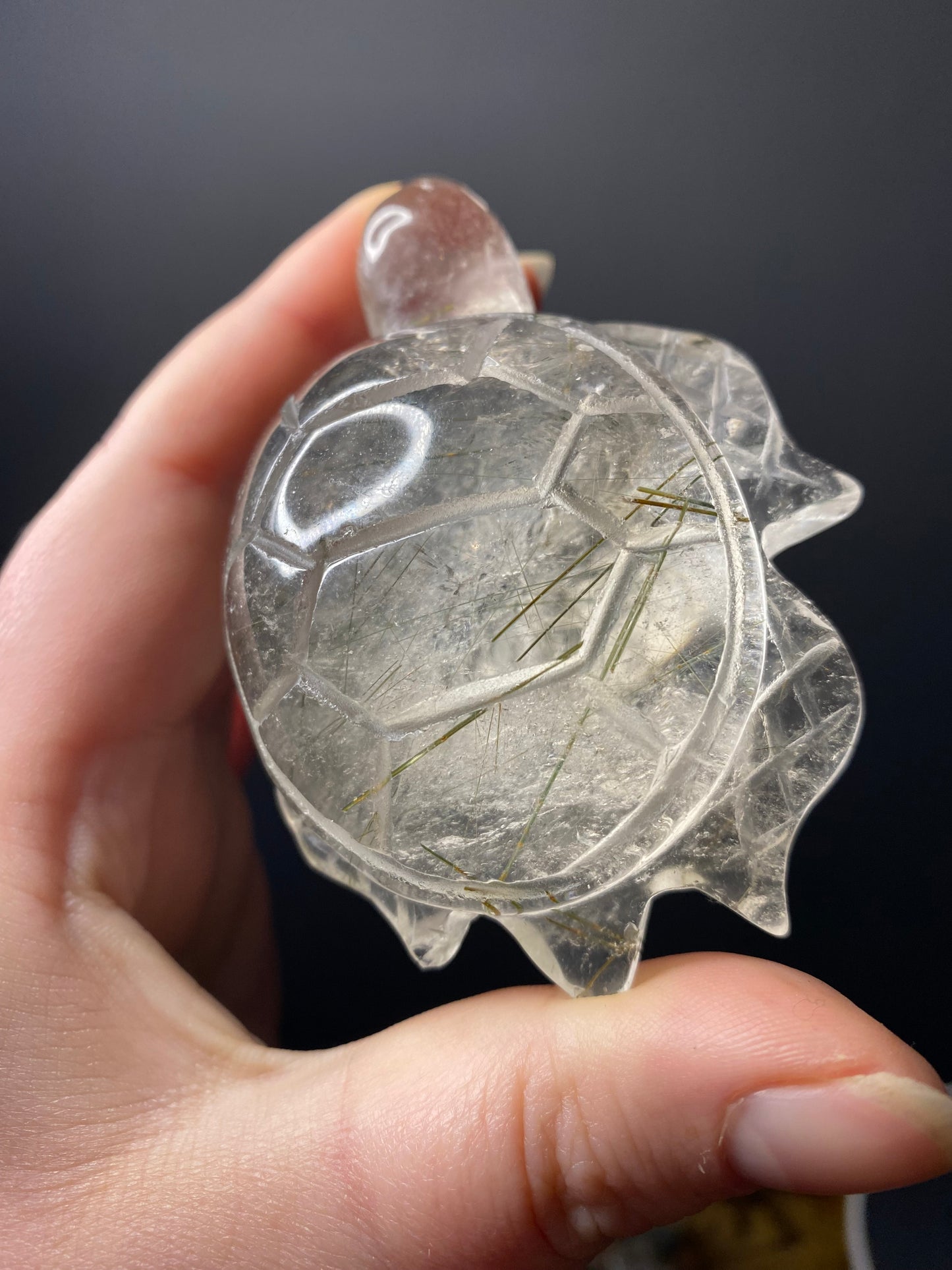 CLEAR QUARTZ TURTLE WITH RUTILE INCLUSIONS (IMPERFECT)