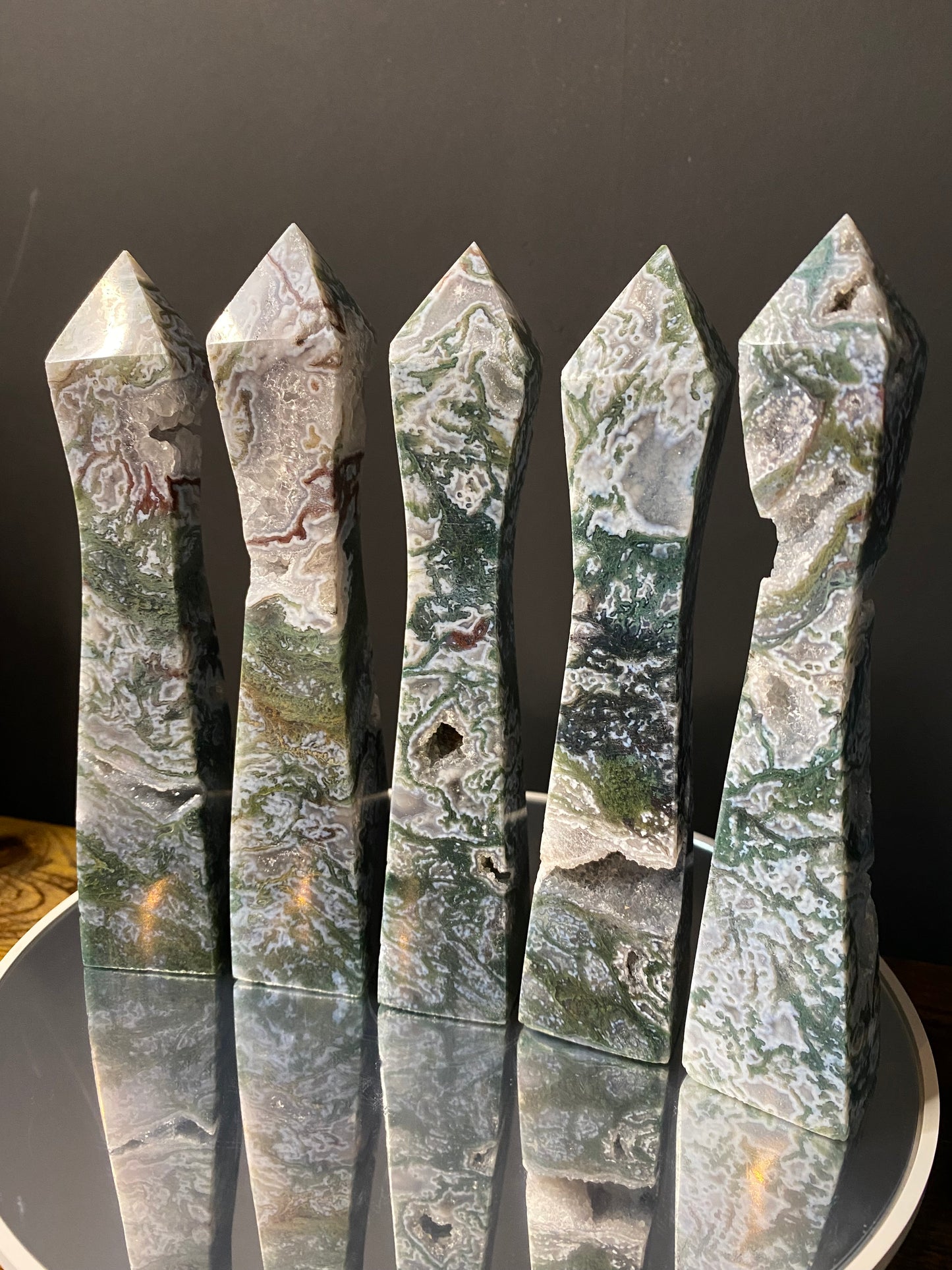 MOSS AGATE SLENDER TOWERS A - E