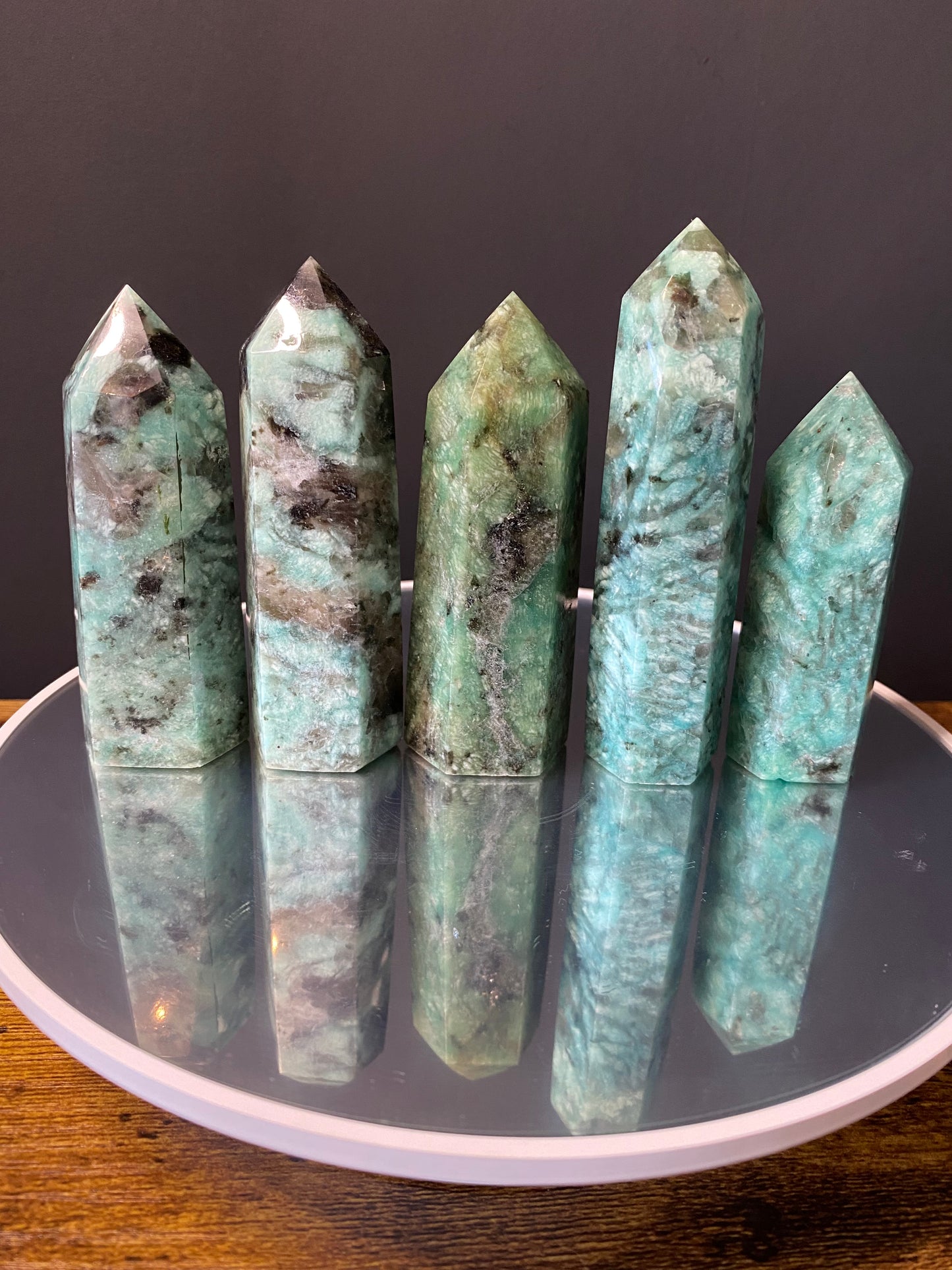 AMAZONITE WITH SMOKY QUARTZ TOWERS F - J