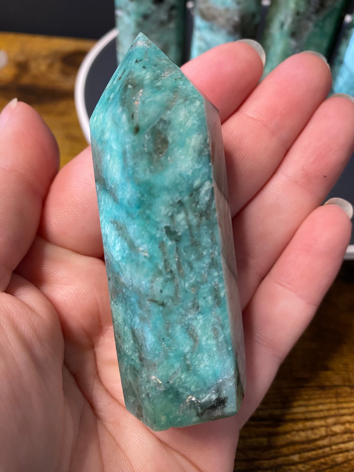 AMAZONITE WITH SMOKY QUARTZ TOWERS F - J