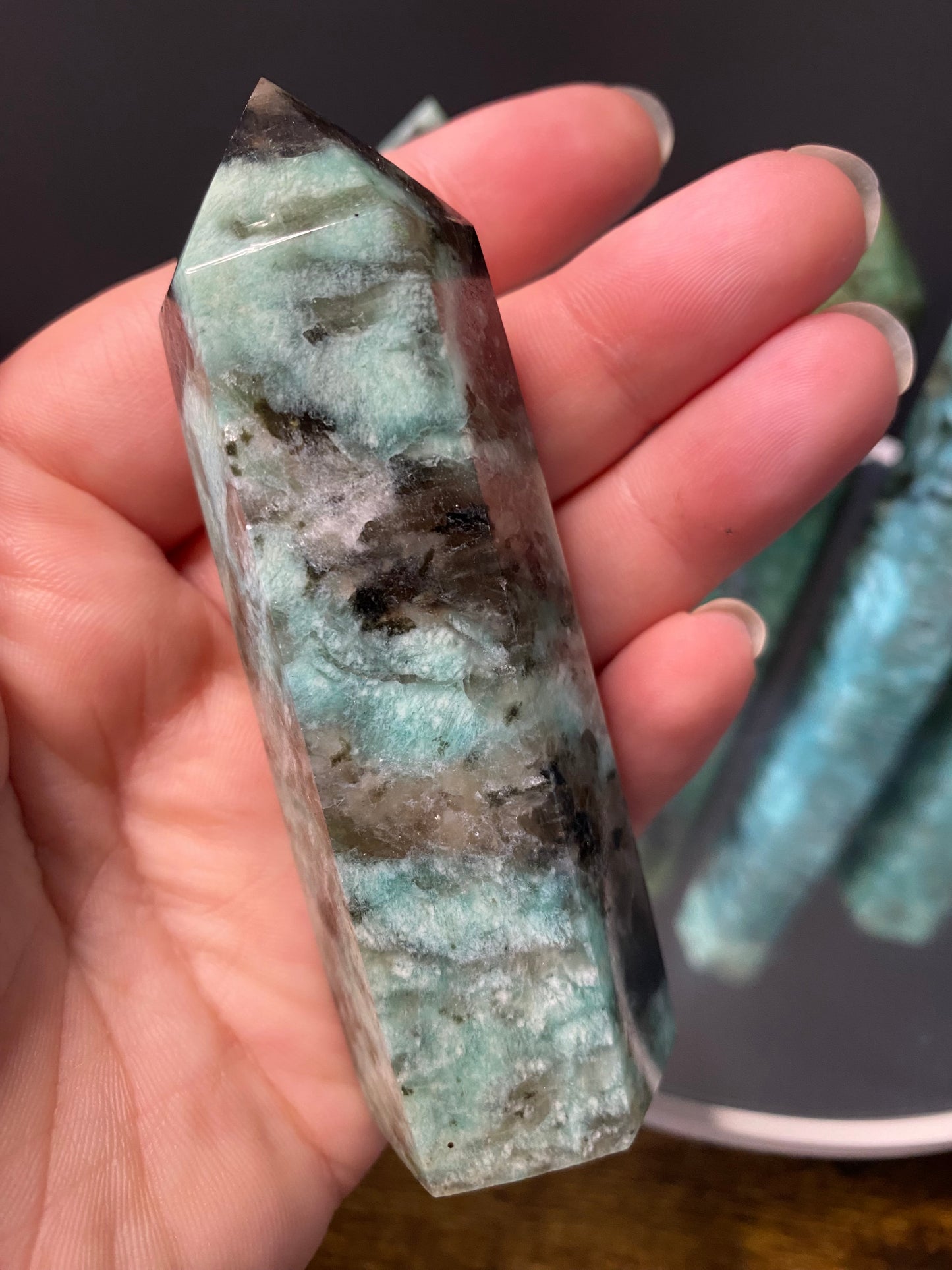 AMAZONITE WITH SMOKY QUARTZ TOWERS F - J