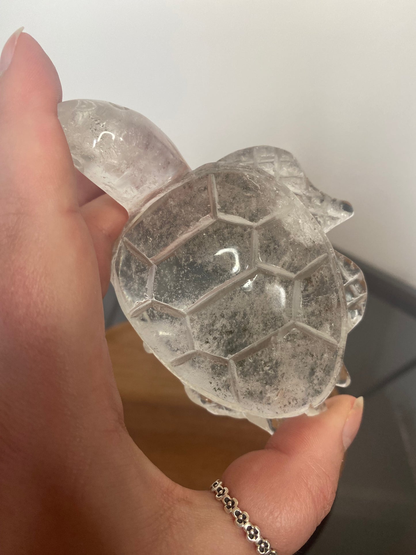 CLEAR QUARTZ TURTLE CARVING WITH GARDEN INCLUSIONS