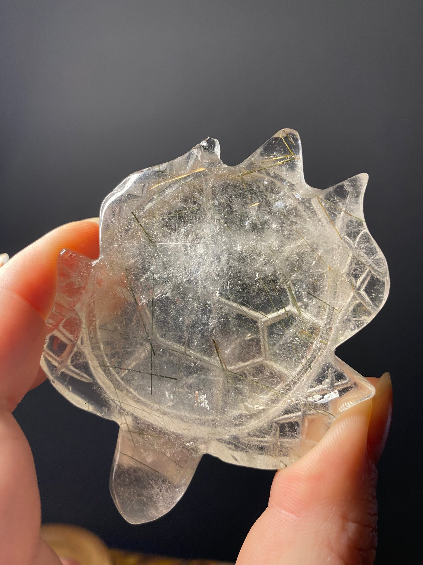CLEAR QUARTZ TURTLE WITH RUTILE INCLUSIONS (IMPERFECT)