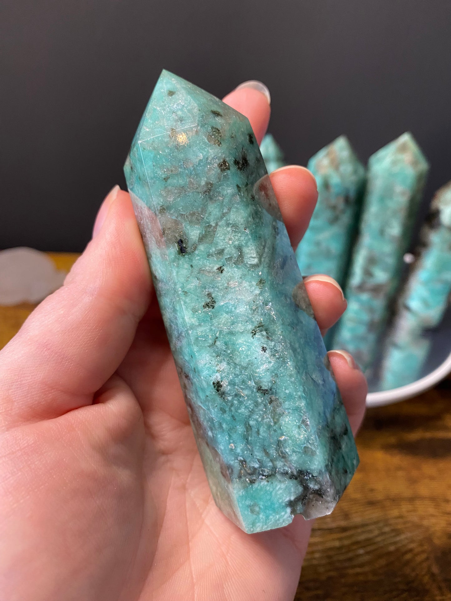 AMAZONITE WITH SMOKY QUARTZ TOWERS A - E