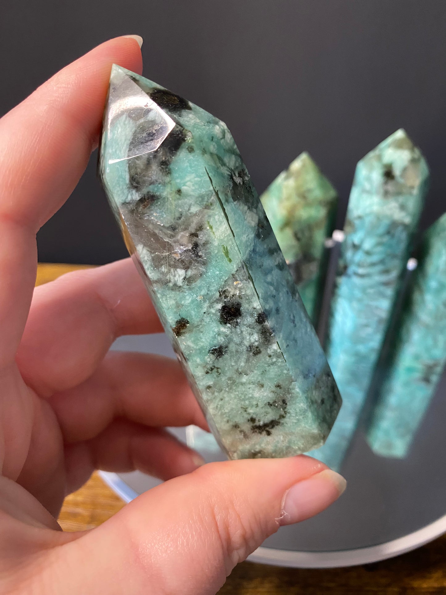 AMAZONITE WITH SMOKY QUARTZ TOWERS F - J