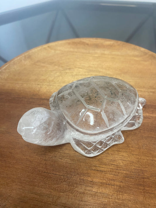 CLEAR QUARTZ TURTLE CARVING WITH GARDEN INCLUSIONS