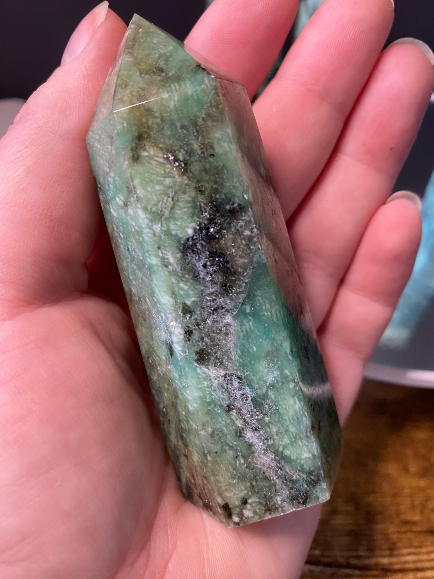 AMAZONITE WITH SMOKY QUARTZ TOWERS F - J