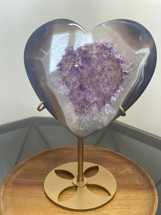 AMETHYST AGATE DRUZY HEART CARVING WITH STAND