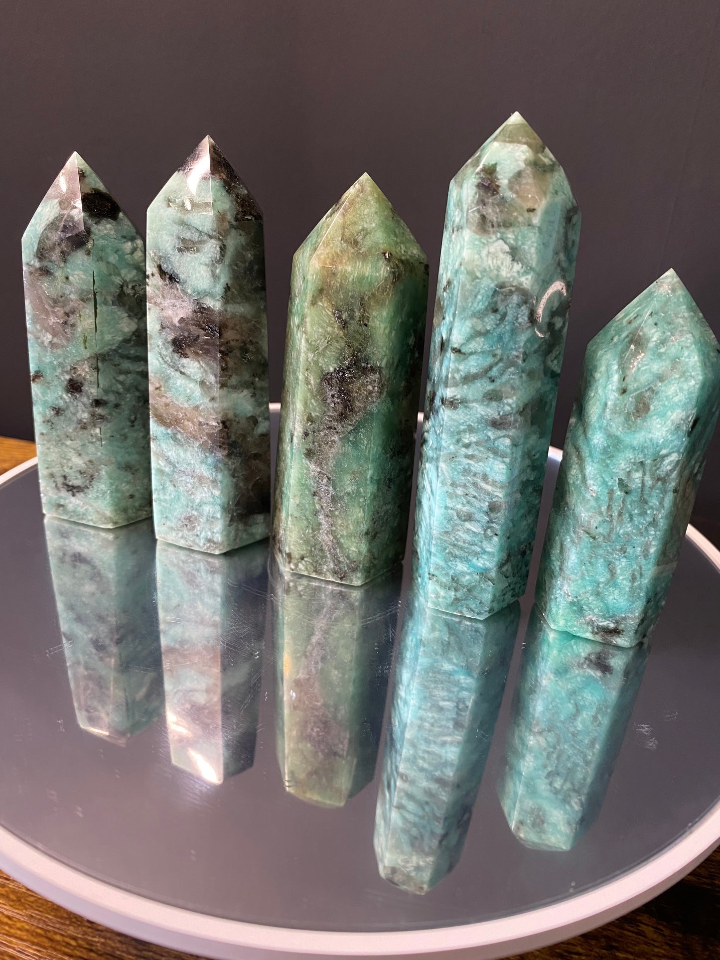 AMAZONITE WITH SMOKY QUARTZ TOWERS F - J