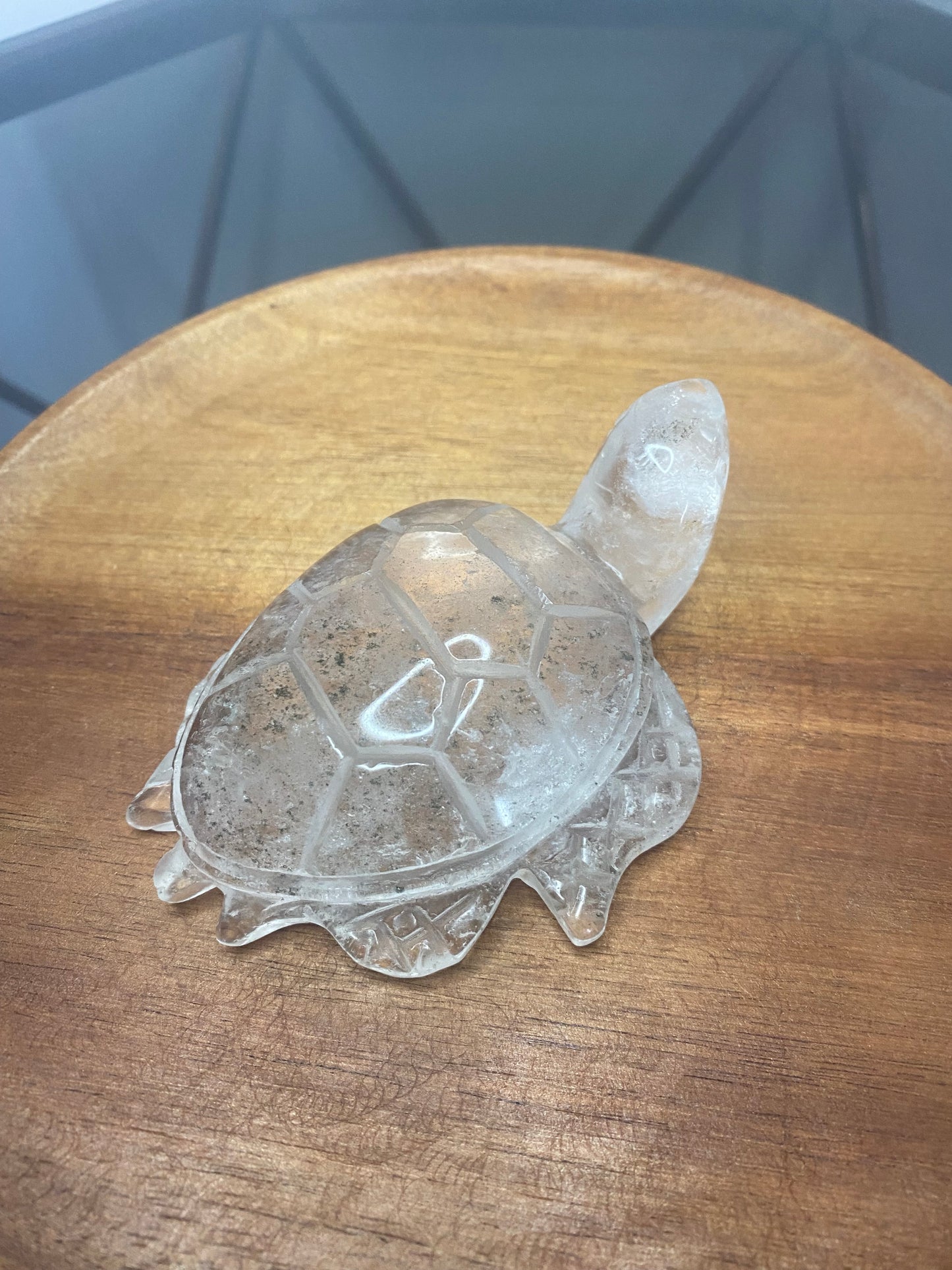 CLEAR QUARTZ TURTLE CARVING WITH GARDEN INCLUSIONS