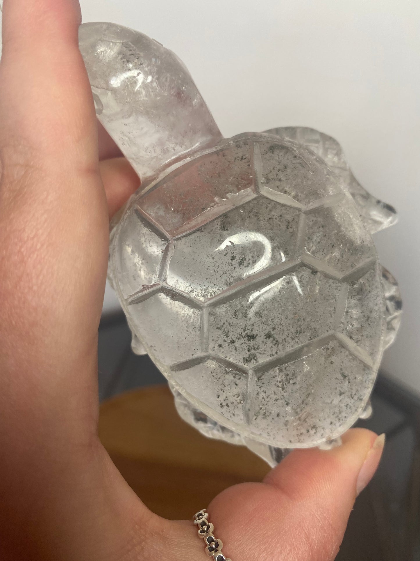 CLEAR QUARTZ TURTLE CARVING WITH GARDEN INCLUSIONS