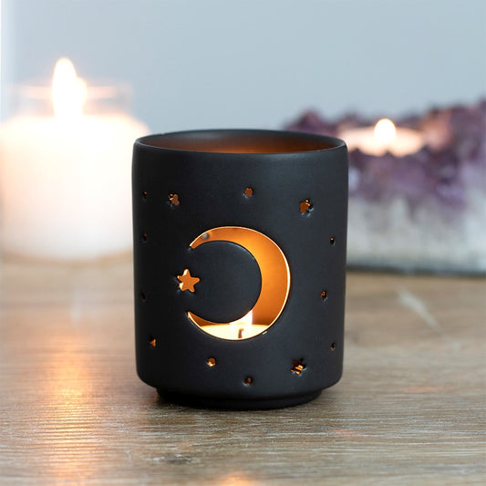 SMALL BLACK MYSTICAL MOON CUT OUT TEALIGHT HOLDER