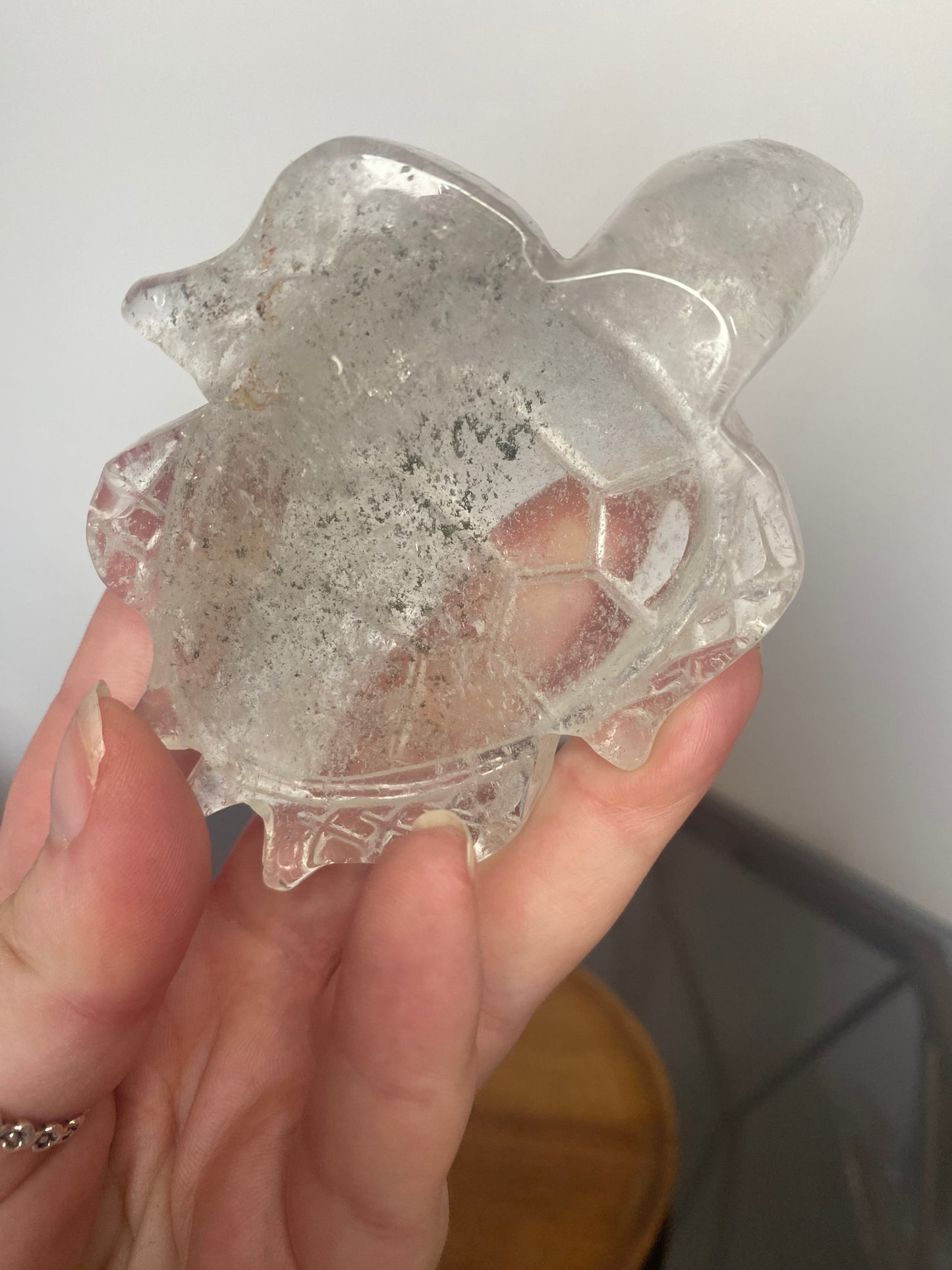 CLEAR QUARTZ TURTLE CARVING WITH GARDEN INCLUSIONS