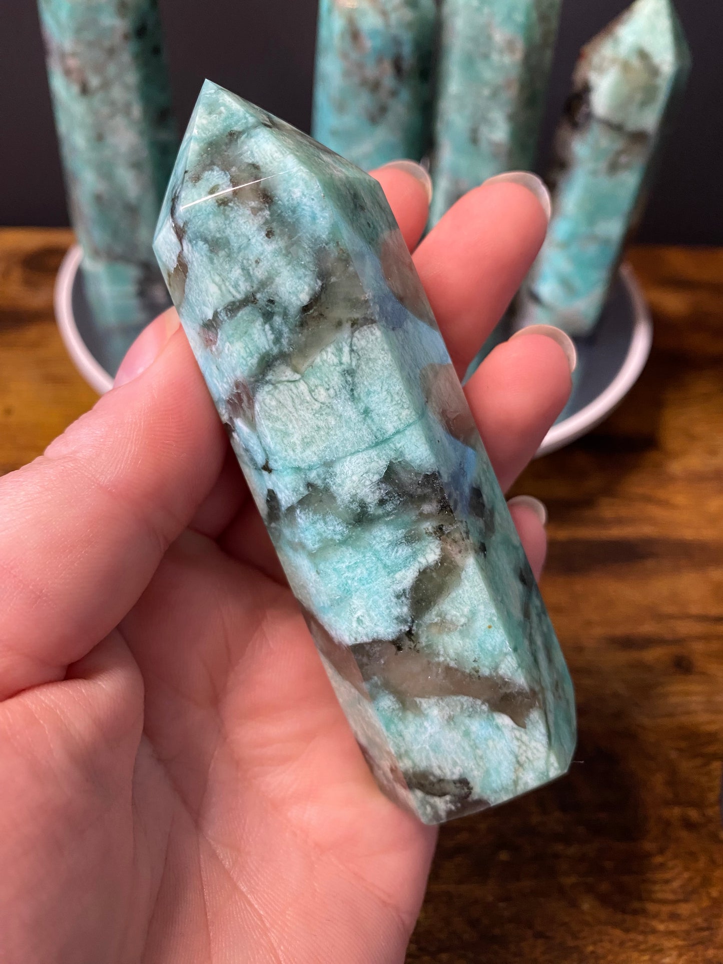 AMAZONITE WITH SMOKY QUARTZ TOWERS A - E