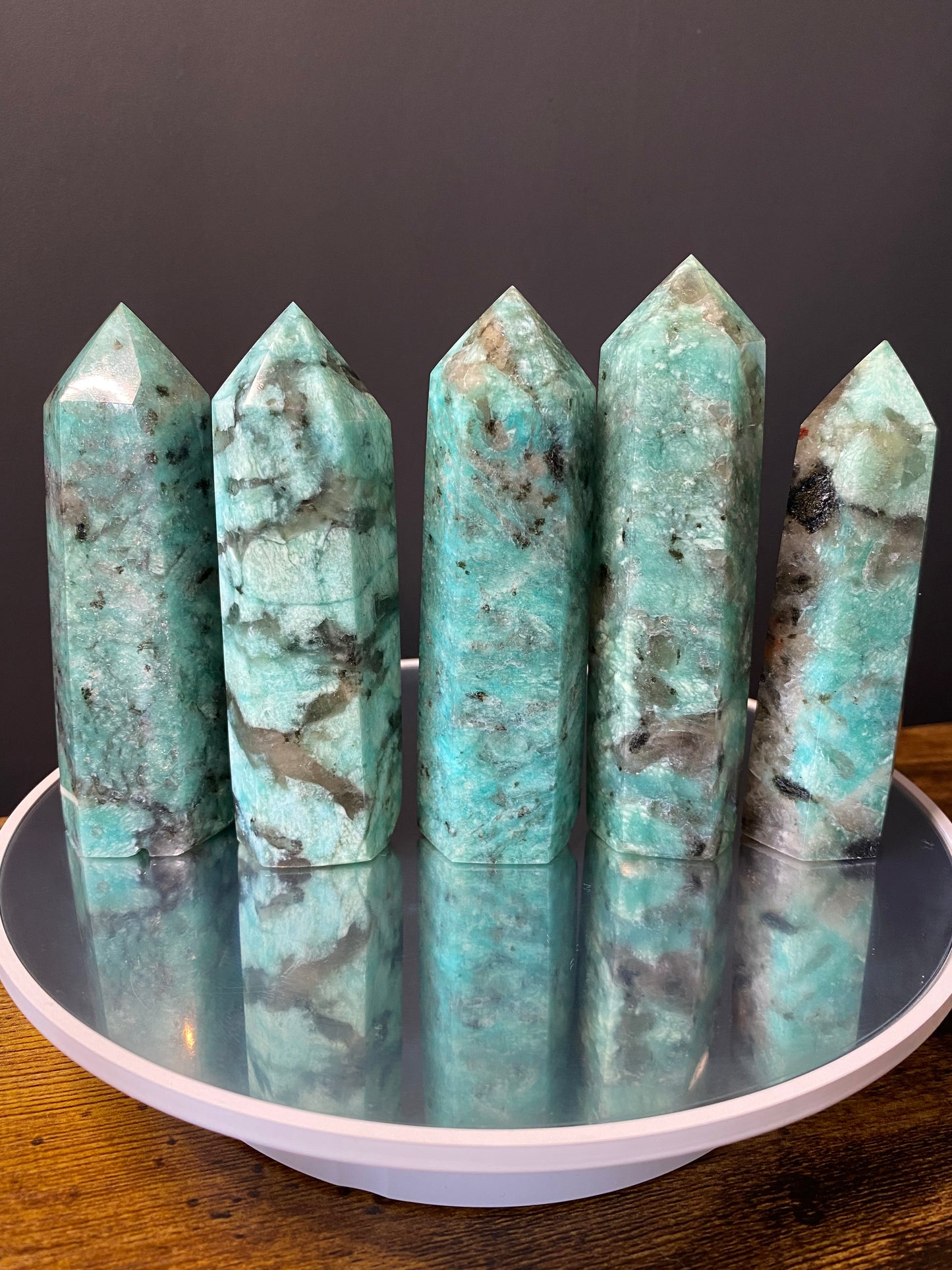 AMAZONITE WITH SMOKY QUARTZ TOWERS A - E