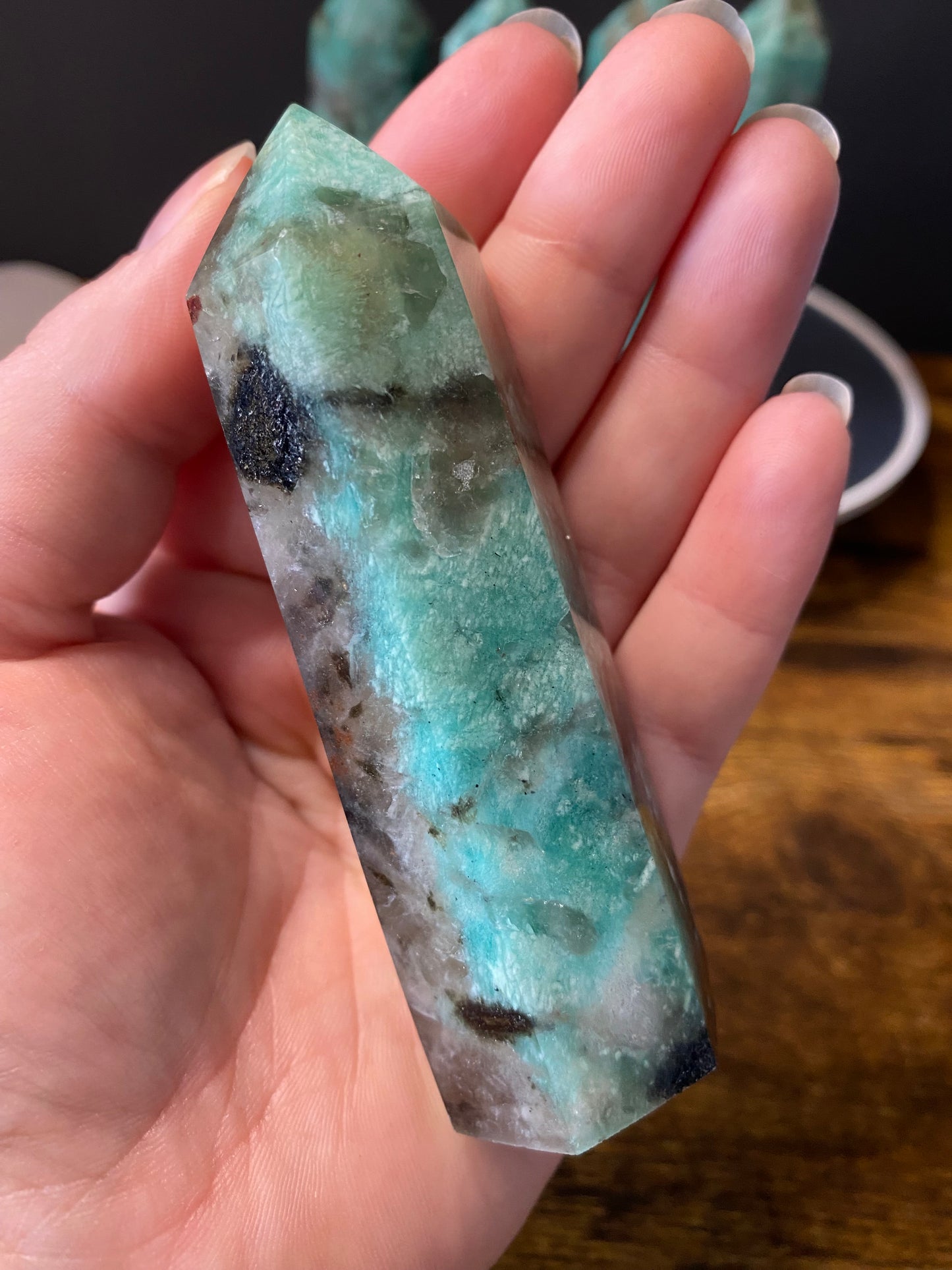 AMAZONITE WITH SMOKY QUARTZ TOWERS A - E