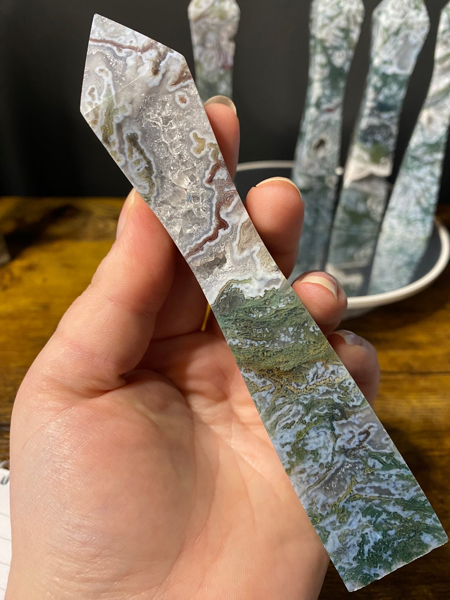 MOSS AGATE SLENDER TOWERS A - E