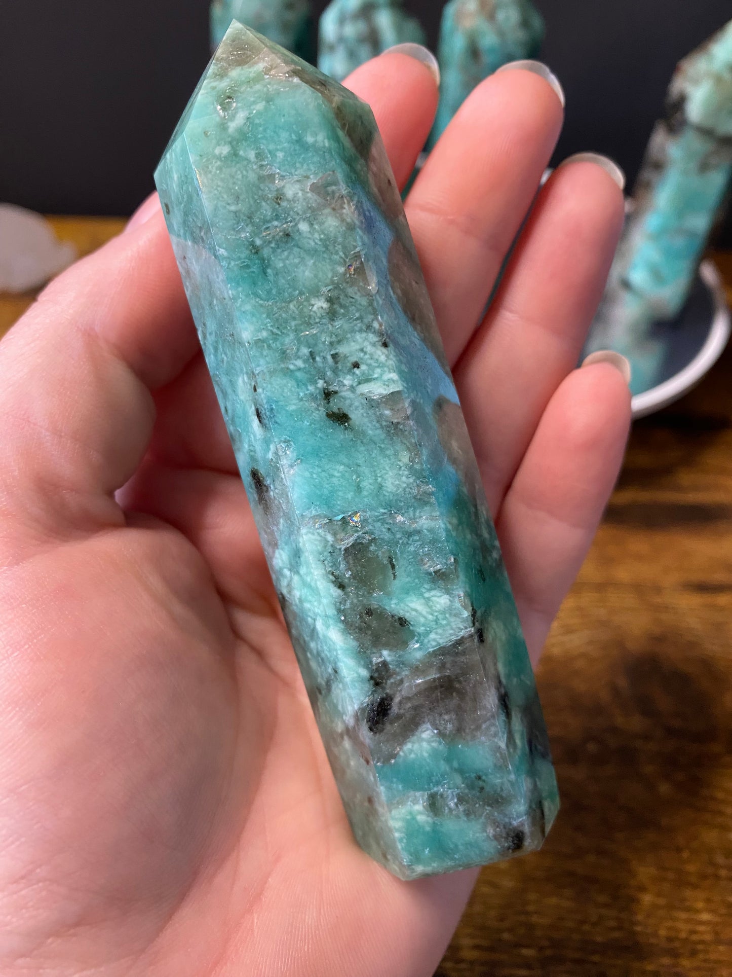 AMAZONITE WITH SMOKY QUARTZ TOWERS A - E