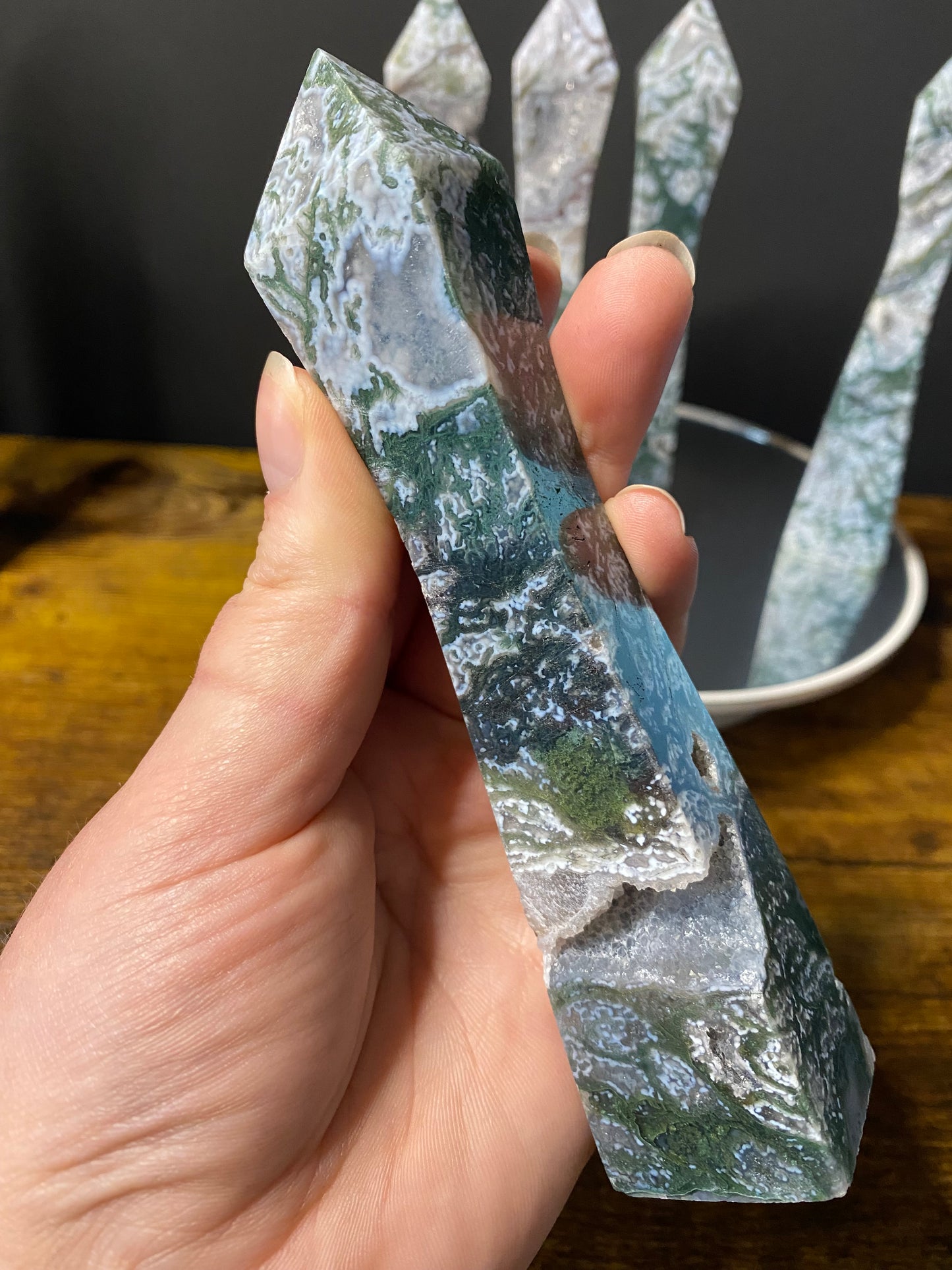 MOSS AGATE SLENDER TOWERS A - E