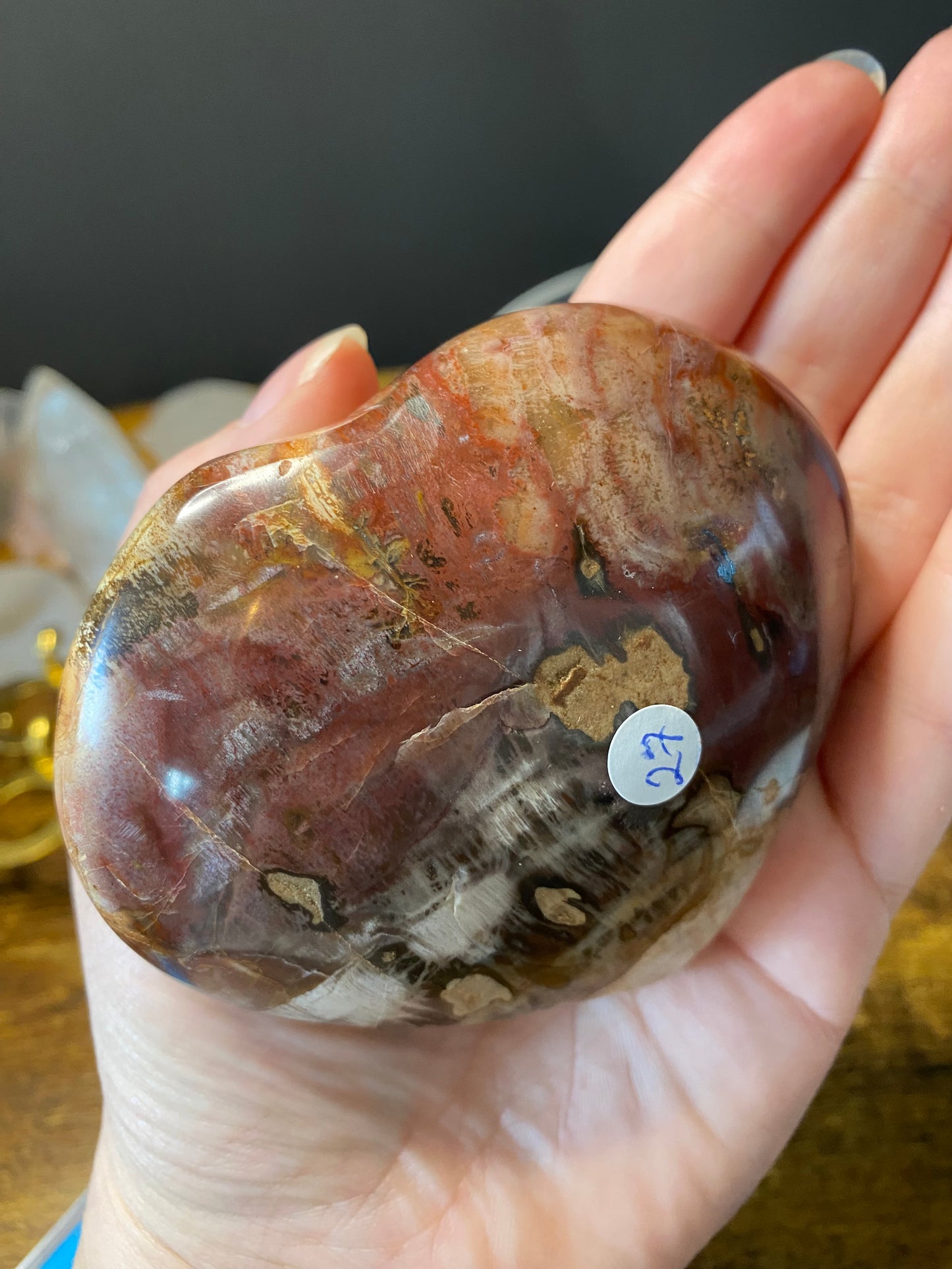 PETRIFIED WOOD HEART CARVING ON STAND